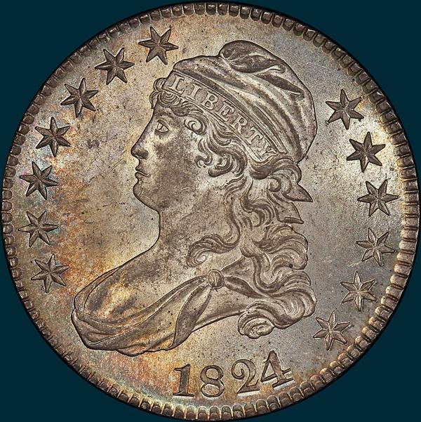 1824 24/1 O-101, capped bust half dollar