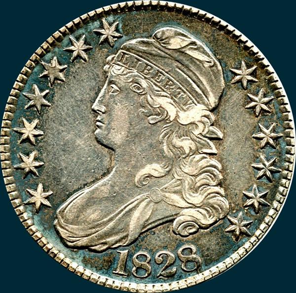 1828, O-107a, Curl Base 2, Knob, Capped Bust, Half Dollar