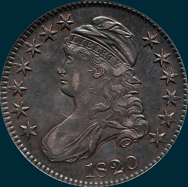 1820 o-107, no serif's on e's, capped bust half dollar