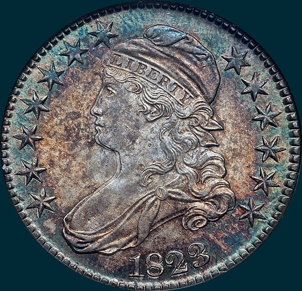 1823 O-104, capped bust, half dollar