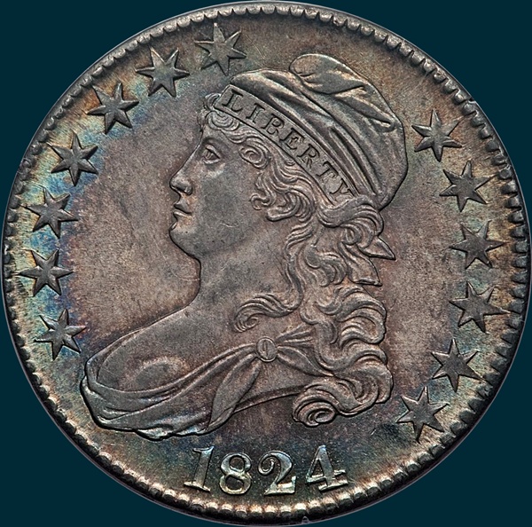 1824 O-105, capped bust half dollar