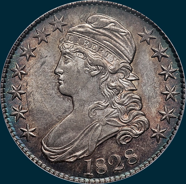 1828 O-103, curl base no knob 2, capped bust half dollar