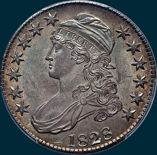 1828 O-116, large 8's large letters, capped bust half dollar