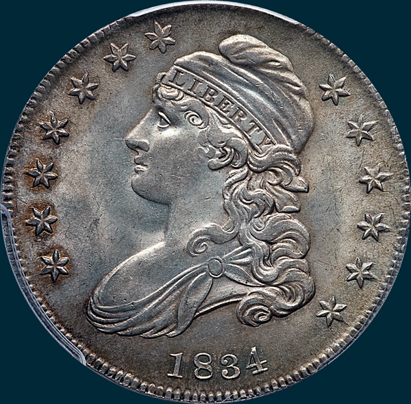 1834 O-119, capped bust half dollar