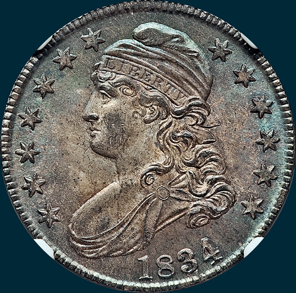 1834, O-106, 4 over 4, Large Date, Small Letters, Capped Bust, Half Dollar