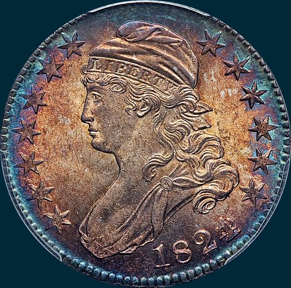 1824 O-103, capped bust half dollar