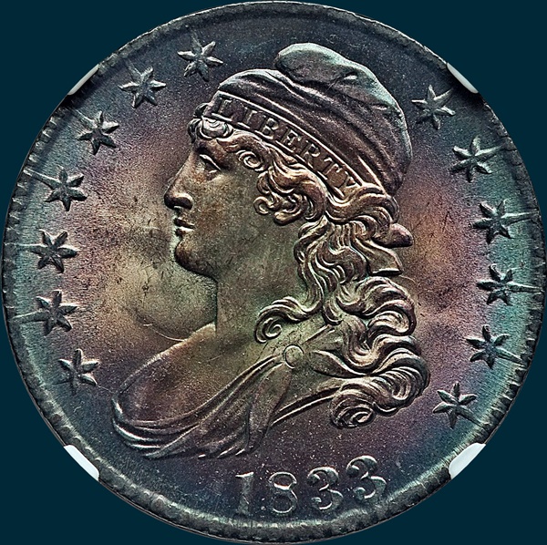 1833 O-108, capped bust half dollar