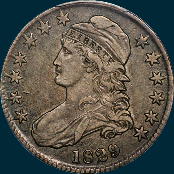 1829 O-104, capped bust half dollar